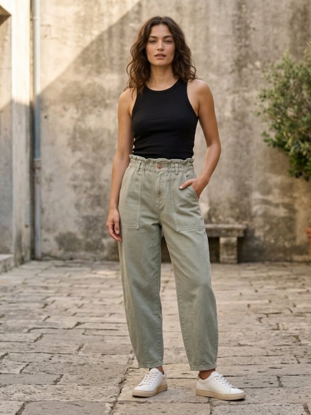 ZARA Sage Green Paperbag Waist Barrel Leg Utility Pants Size 12